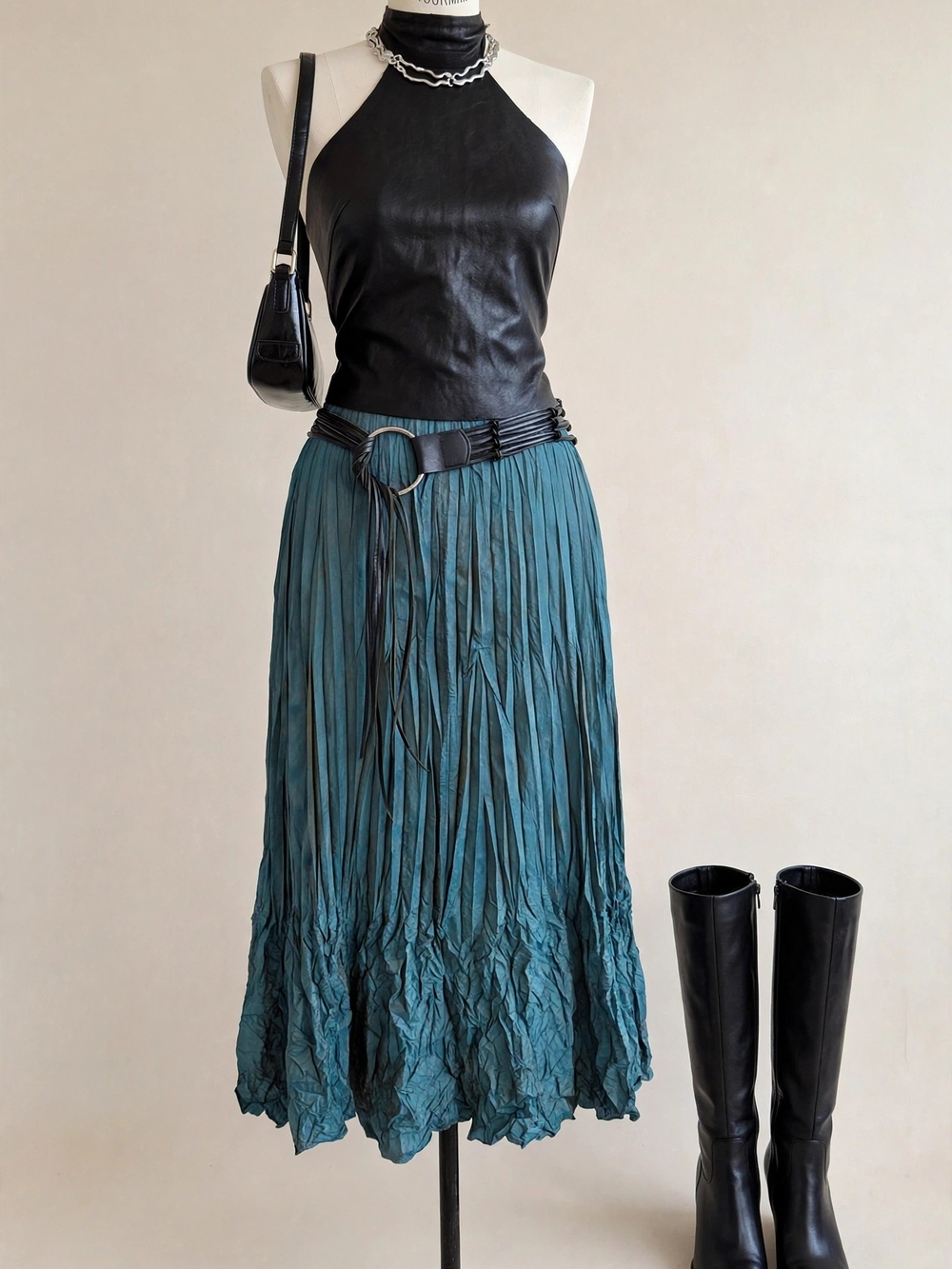 Vintage Pleated Teal Midi Skirt - Women's